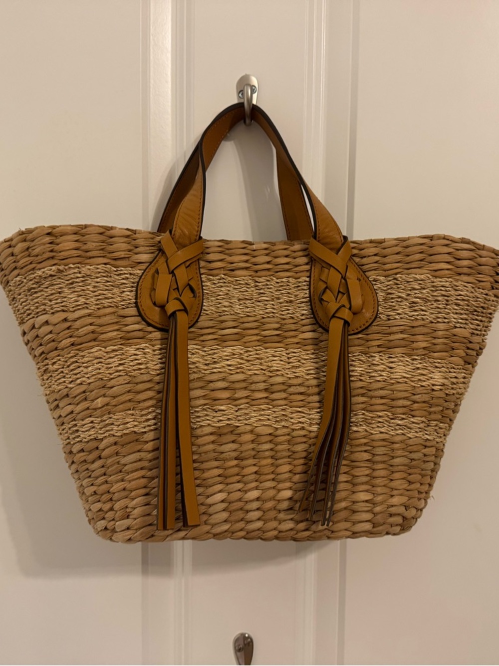 Ulla Johnson Mustard Leather Tote with Braided Raffia Trim